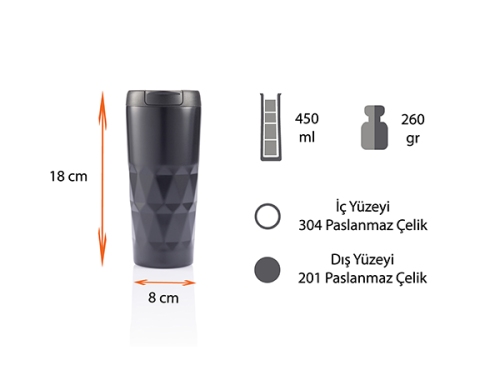 55545 - MAT SİYAH TERMOS BARDAK 450 ML.